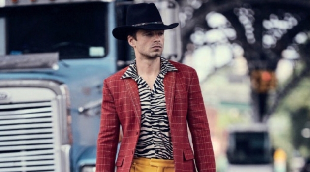 Heading out, Sebastian Stan wears a bold look from Bottega Veneta with a Jessie Western cowboy hat.