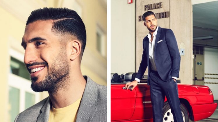 Left: Emre Can wears a H&M premium cotton t-shirt and skinny fit blazer. Right: Can sports a H&M slim-fit easy-iron shirt with a skinny-fit blazer and suit pants in dark blue mélange.