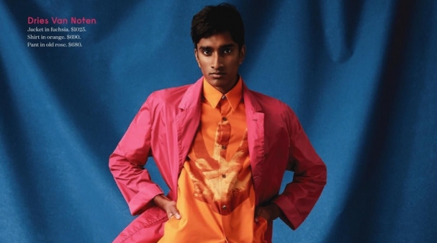 Embracing color, Jeenu Mahadevan wears a spring look from Dries Van Noten.