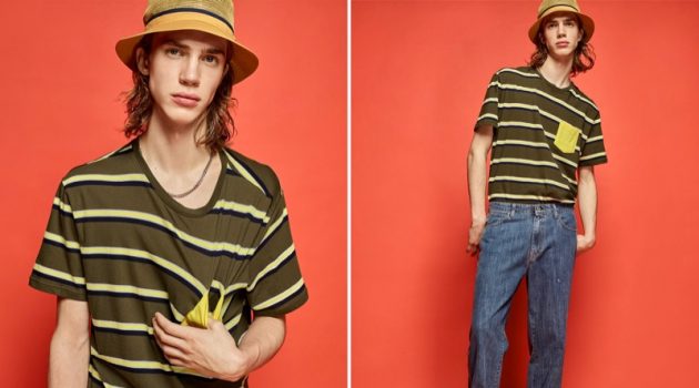 Thomas Saulnier rocks a DJAB striped pocket t-shirt, straight-fit dad jeans, and Vans classic Old Skool sneakers.