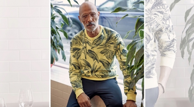 Connecting with Simons, Lono Brazil sports LE 31's tropical print Savannah sweater.