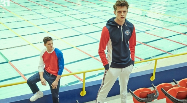 Left: Simon Malenfant models a LE 31 tricolor raglan t-shirt and athletic joggers with Reebok Classic sneakers. Right: Jordy Baan rocks a LE 31 hooded compass sweatshirt with athletic joggers.