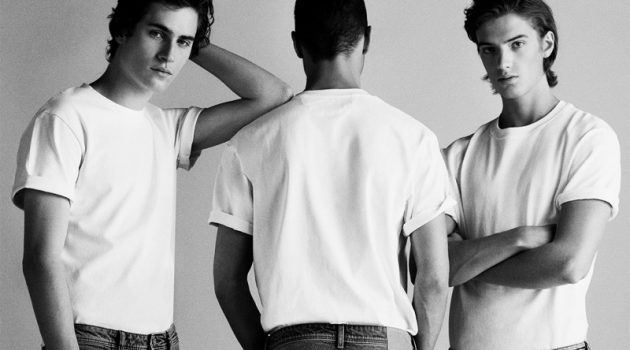 Models Liam Kelly, Louis Griffiths, and Theo Ford rock denim jeans from Zara Man.