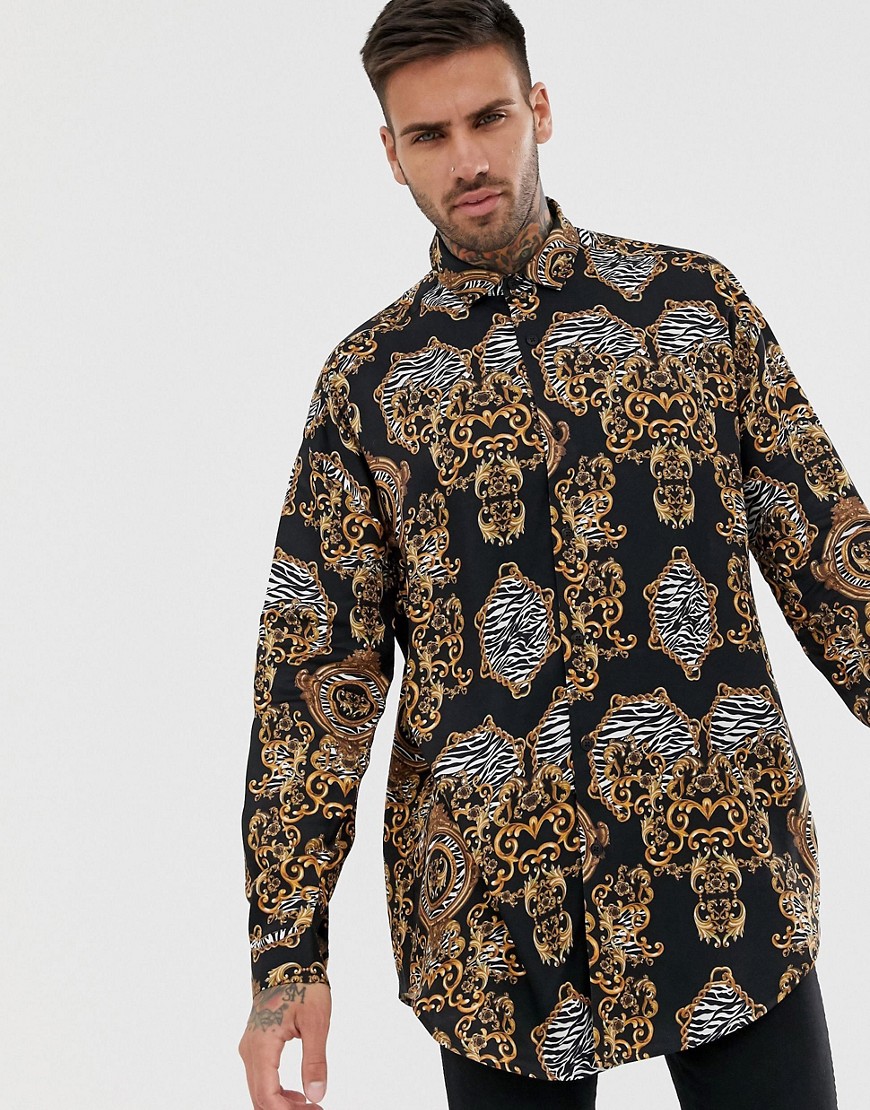 ASOS DESIGN dropshoulder oversized baroque print shirt – Black | The ...