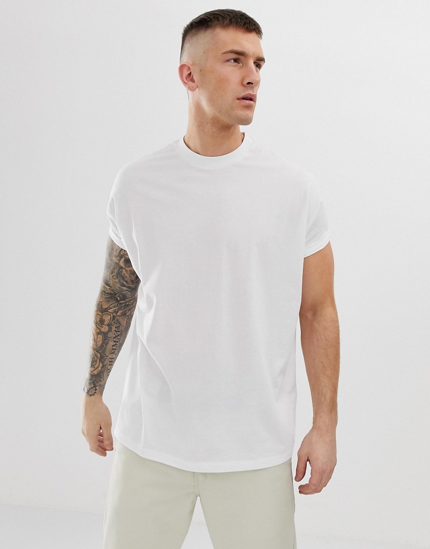 ASOS DESIGN oversized longline t-shirt with crew neck with roll sleeve ...