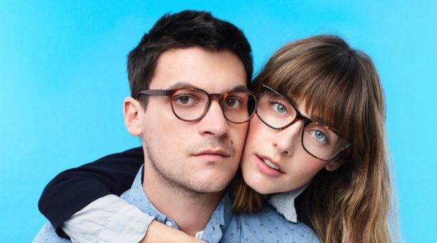 Miles Garber poses with his girlfriend Julliete. Miles sports Warby Parker's Percey glasses, while Julliete dons the label's Yardley style.