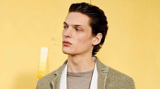 Model Valentin Caron sports fashions inspired by nature from Zara Man.