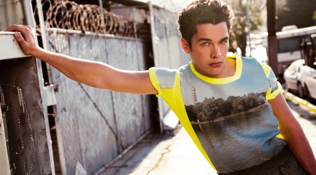 Sporting a photo print shirt by Acne Studios, Austin Mahone also wears 13 Bonaparte pants.