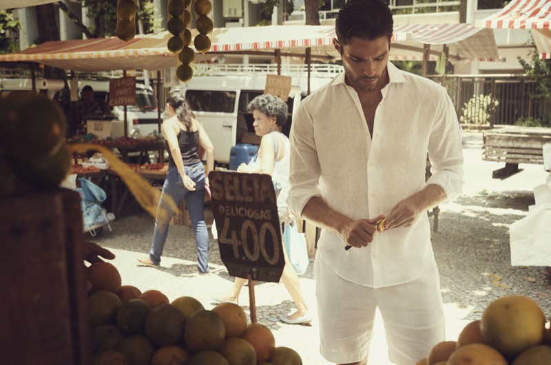 Clad in white, Pedro Aboud fronts a campaign for Frescobol Carioca.