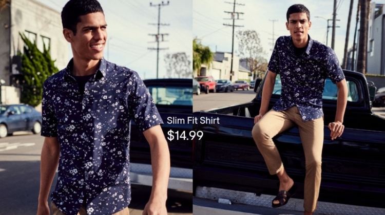 Tackling summer style, Geron McKinley wears a printed short-sleeve shirt with slim-fit pants.
