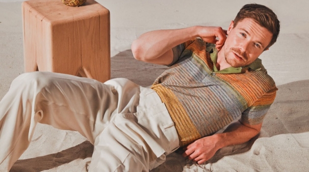 Actor Joe Dempsie dons a Missoni polo shirt with Dior Men trousers.