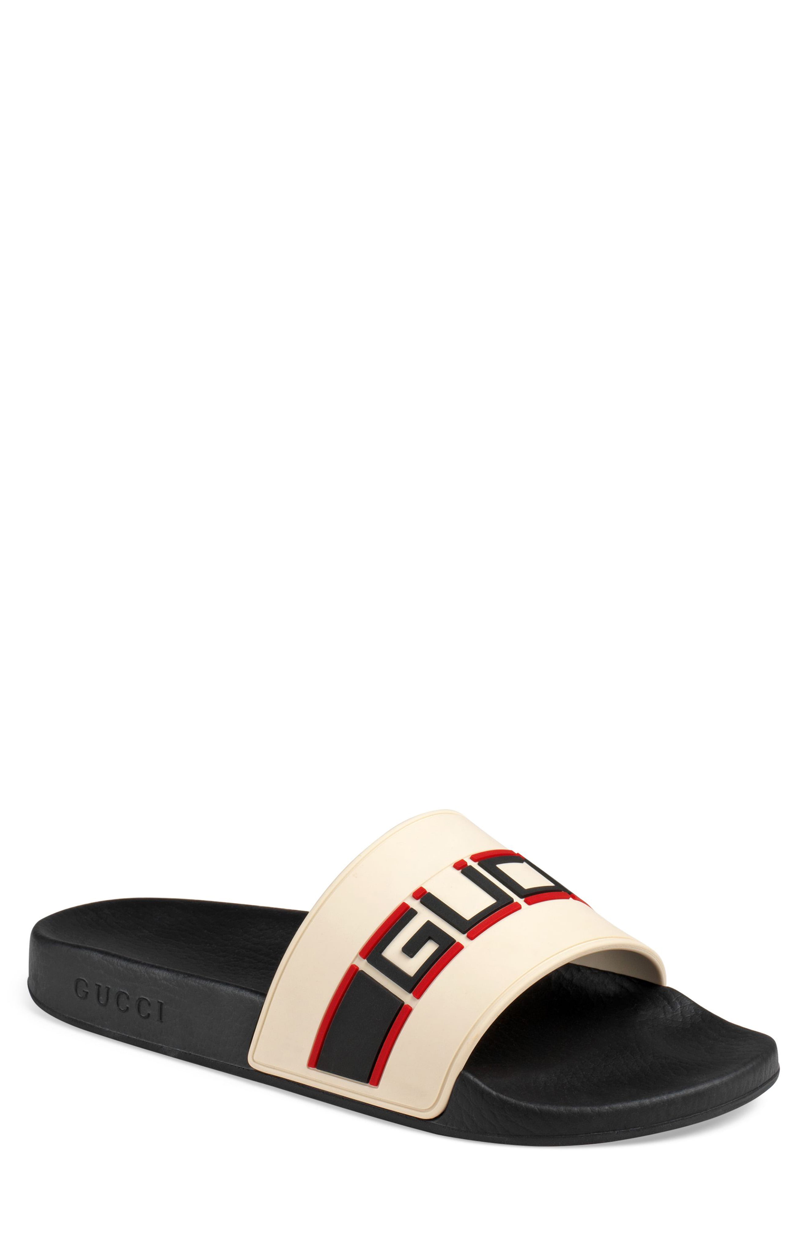 white and red gucci slides