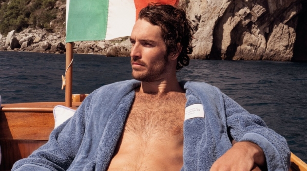 Lounging, Justice Joslin wears an Orlebar Brown Dr No toweling robe $475.