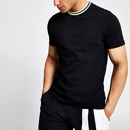 River Island Mens Black slim fit tipped T-shirt | The Fashionisto