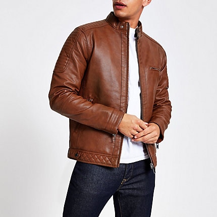 River Island Mens Tan faux leather racer jacket | The Fashionisto