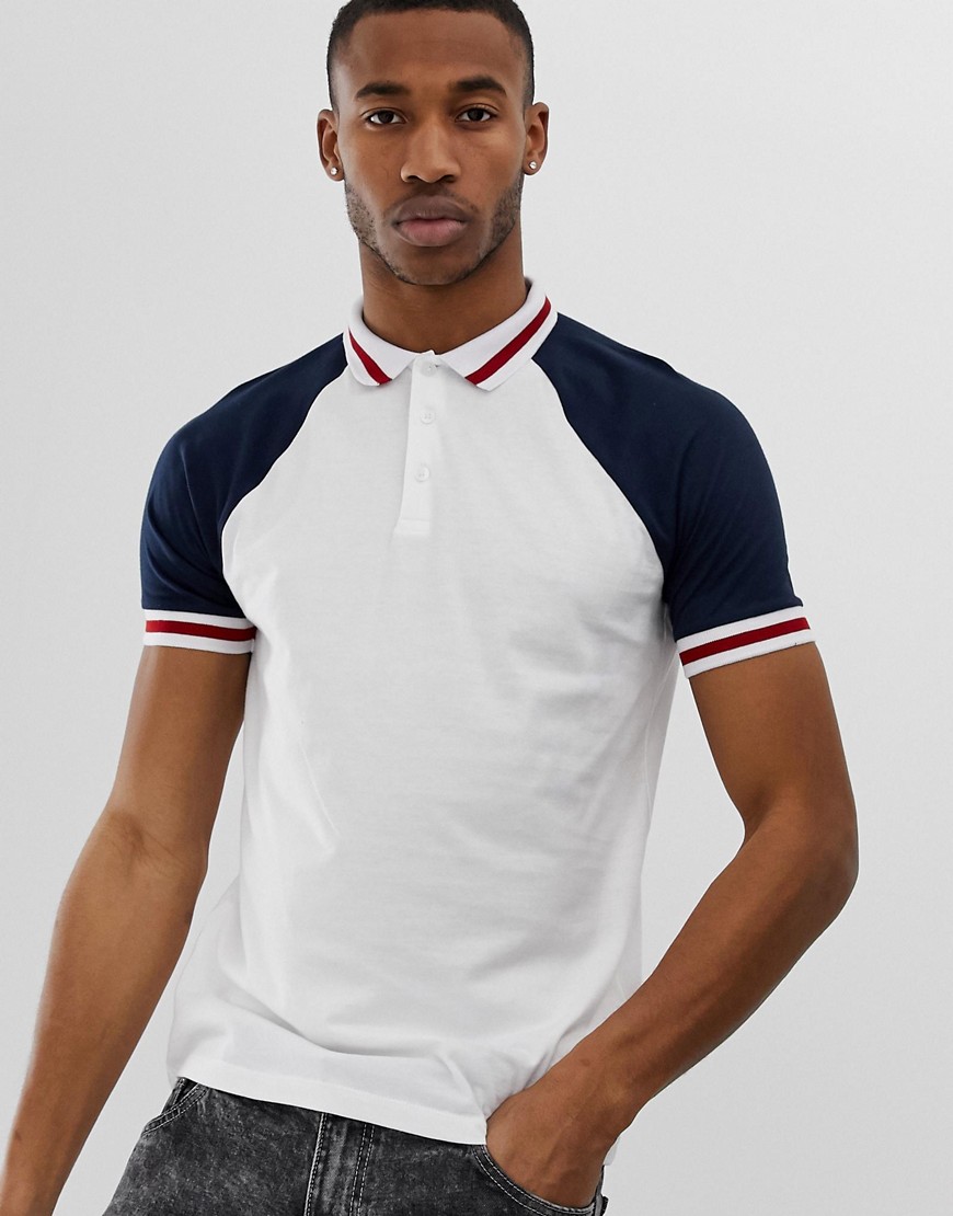 ASOS DESIGN organic raglan polo shirt with contrast sleeves and tipping ...