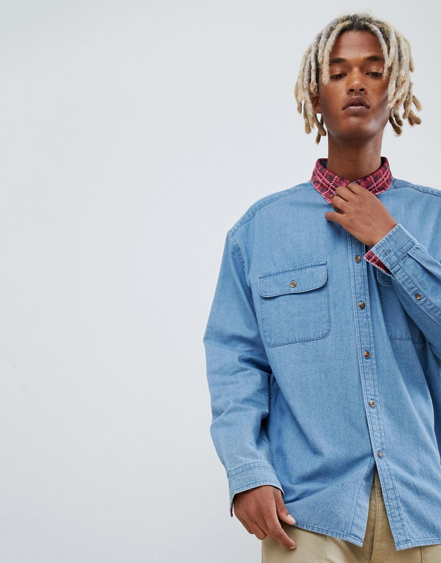 ASOS DESIGN oversized denim shirt with check cord collar and inner ...