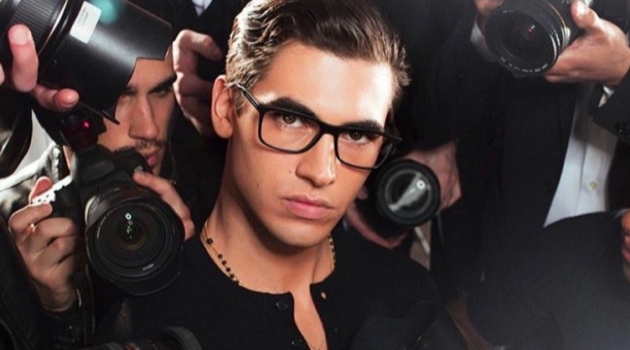 Donning black framed glasses, model Marco Bellotti stars in Dolce & Gabbana's latest eyewear campaign.