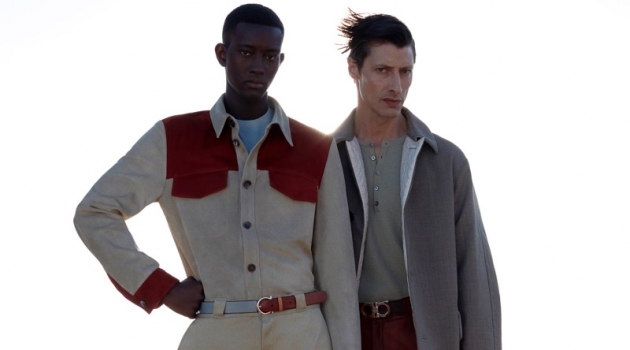 Models Oumar Diouf and Jonas Mason don pre-spring 2020 looks from Salvatore Ferragamo.