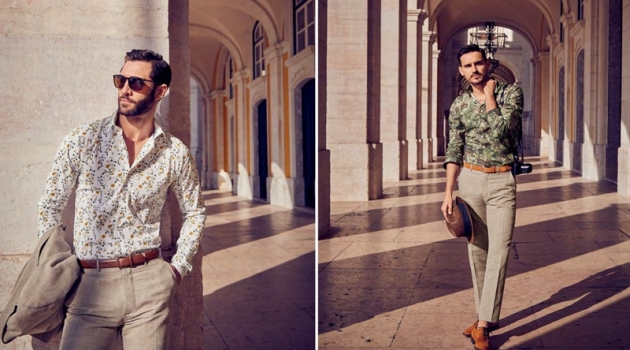 Left: John Halls sports a Bosco linen suit and a LE 31 leather belt. Right: Arthur Kulkov wears Bosco linen pants with a LE 31 tropical forest print shirt and leather dress belt with Simons suede derby shoes.