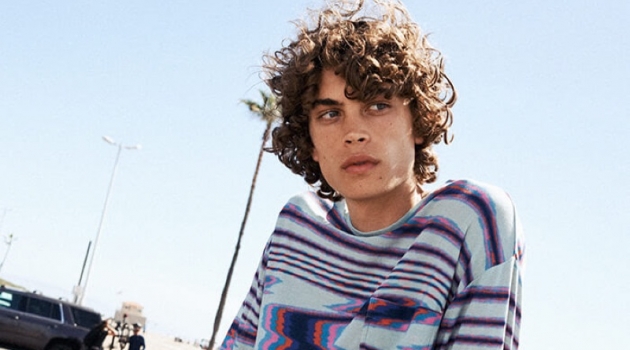 Lucas Bin rocks a Missoni sweater with Stüssy tie-dye shorts.