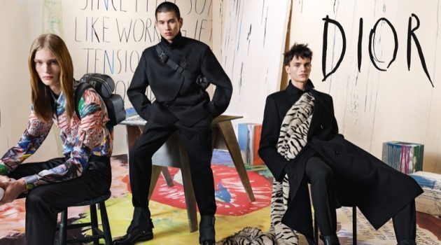 Models Arno Dewit, Kohei Takabatake, and Guirec Murie star in Dior Men's fall-winter 2019 campaign.