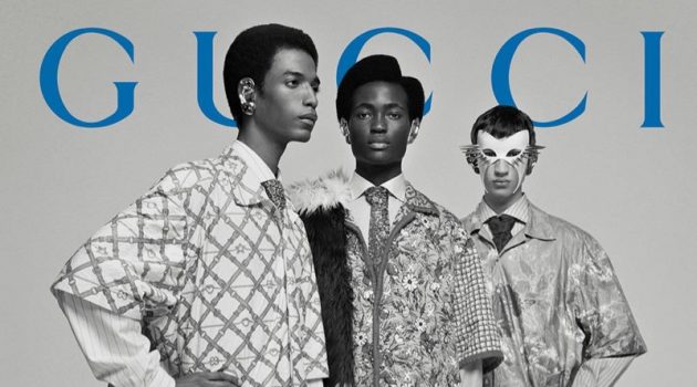 Models Darron Clarke, Ibrahim Kamara, and Alan Solonchuk star in Gucci's fall-winter 2019 men's campaign.