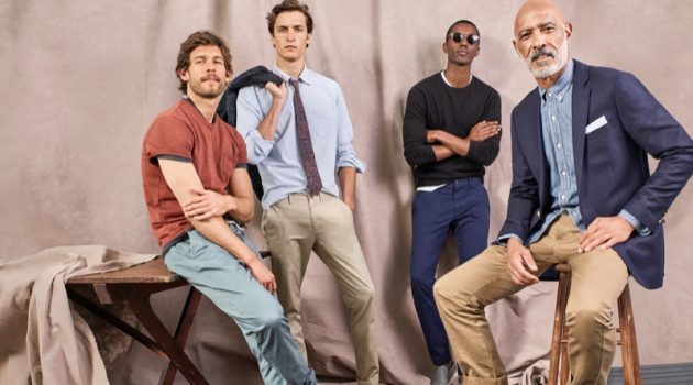 Models Josh Upshaw, Tim Dibble, Claudio Monteiro, and Lono Brazil don stylish chinos from J.Crew.