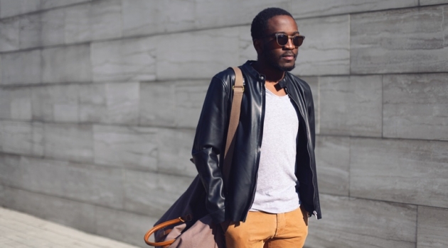 Street Style Look Leather Jacket Yellow Pants Black Man