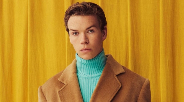 Actor Will Poulter sports a BALENCIAGA coat £2,550 and polo neck £975.