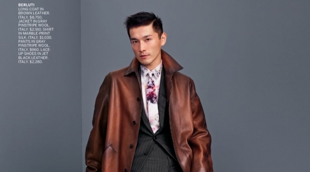 Daisuke Ueda dons a sleek brown leather coat with a grey pinstripe suit by Berluti.