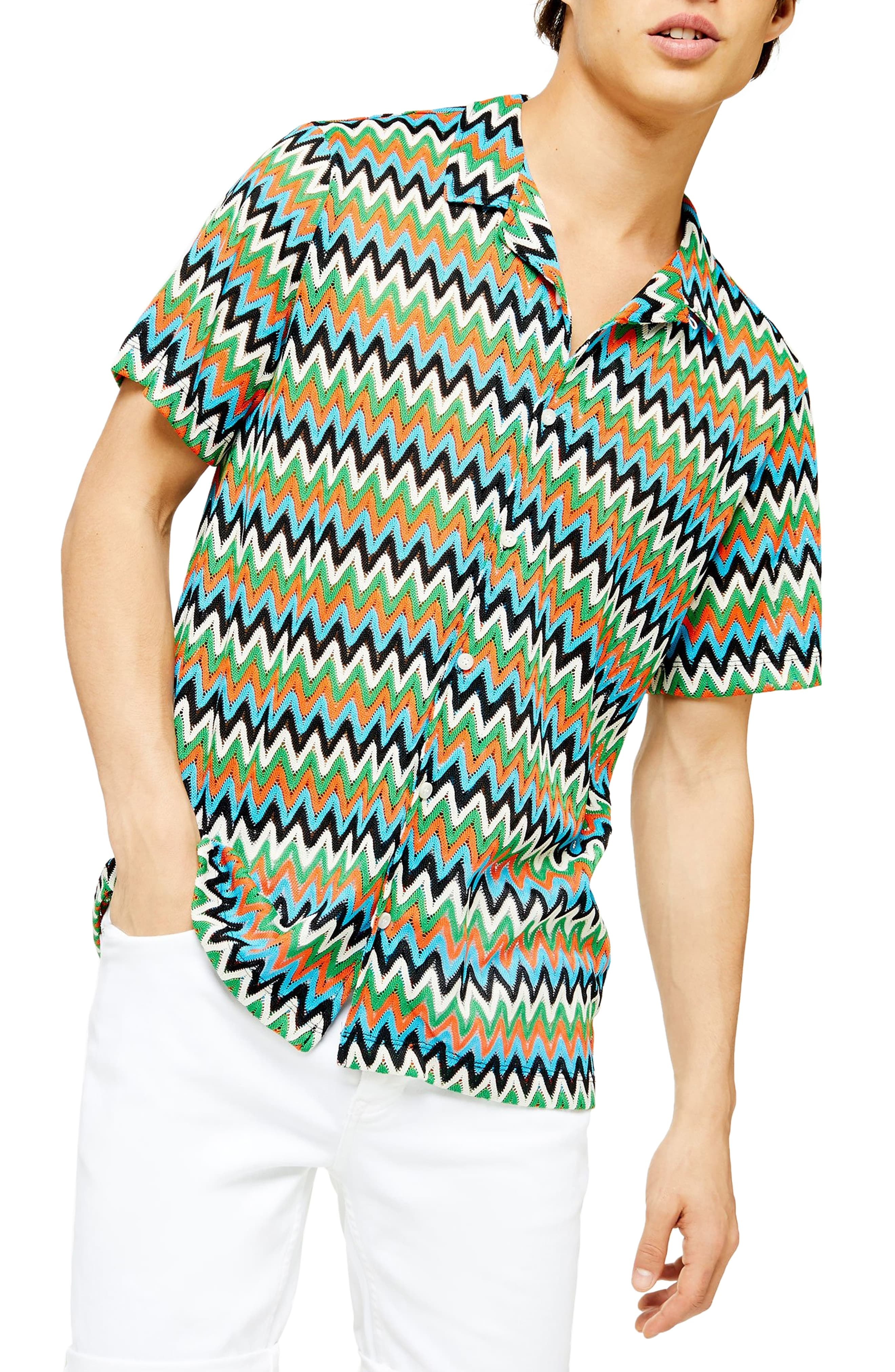 Men’s Topman Chevron Short Sleeve ButtonUp Knit Camp Shirt, Size XX