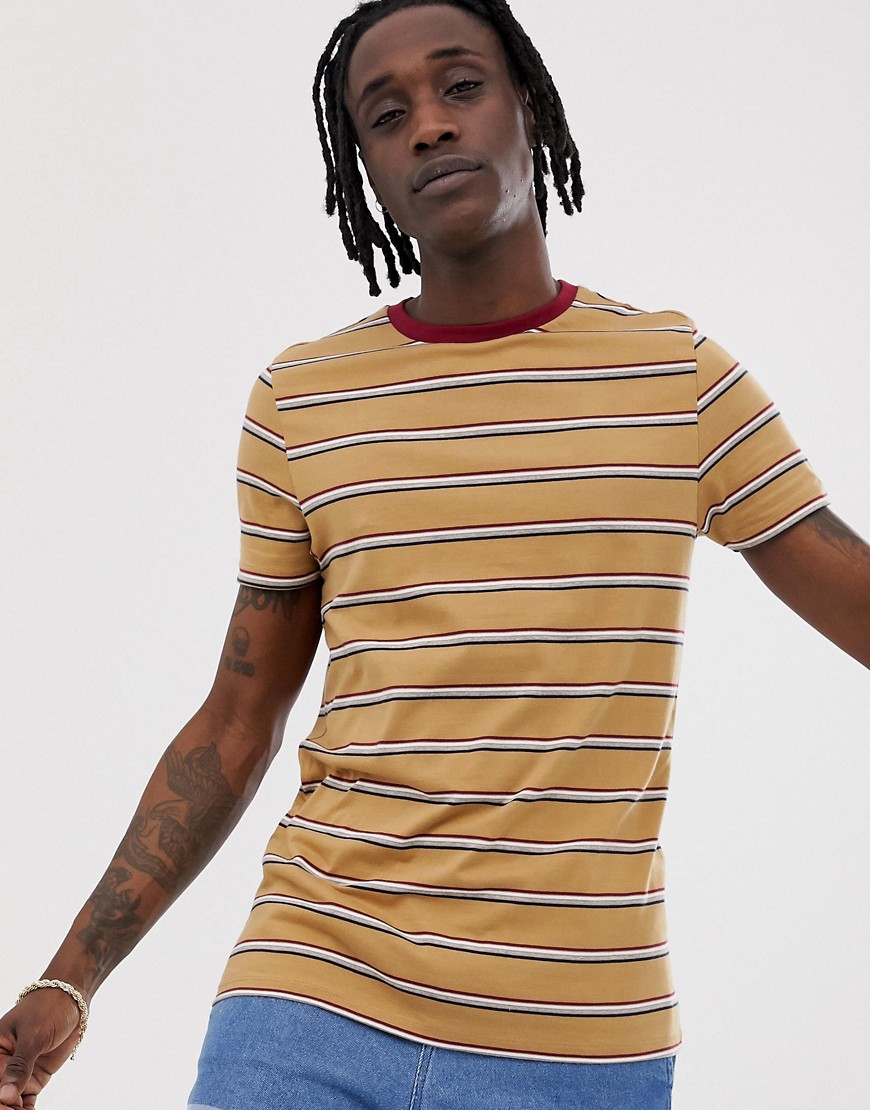 ASOS DESIGN organic cotton striped t-shirt with contrast neck – Brown ...