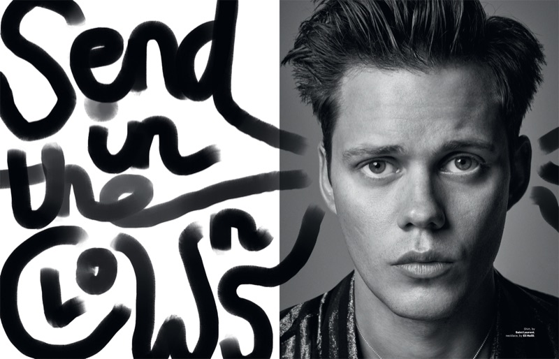Donning Saint Laurent, Bill Skarsgård appears in a photo shoot for Esquire Singapore.