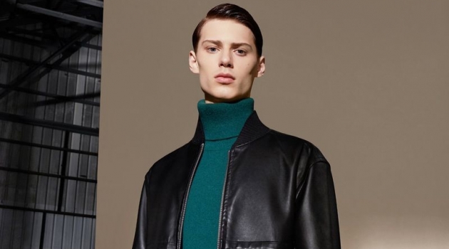 Conlan Munari dons a leather jacket and turtleneck sweater for CK Calvin Klein's fall-winter 2019 campaign.