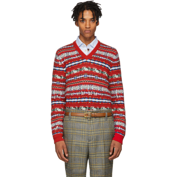 Gucci Red Wool Jacquard V-Neck Sweater | The Fashionisto