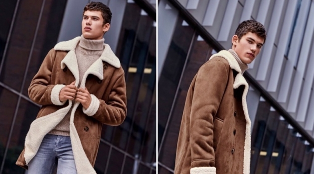 Embracing fall style, Finn Hayton models a brown shearling coat with a turtleneck sweater and distressed jeans from Simons.