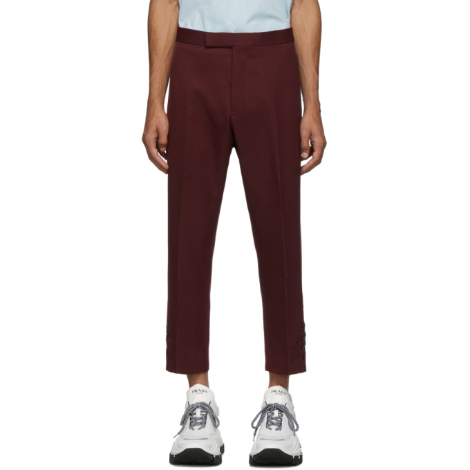 Thom Browne Burgundy Mid Rise Slim Fit Side Vent Trousers | The Fashionisto