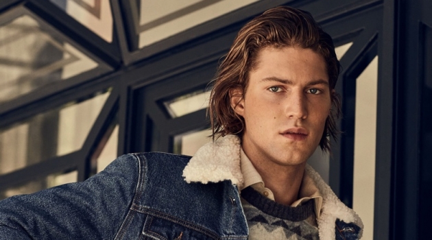 Boyd Gates sports a fairisle sweater with a denim trucker jacket from Mango.