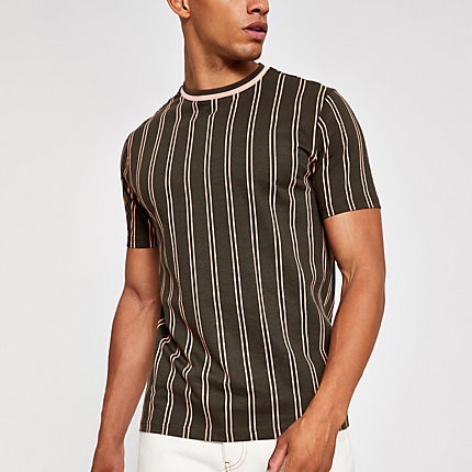 River Island Mens Khaki vertical stripe slim fit T-shirt | The Fashionisto