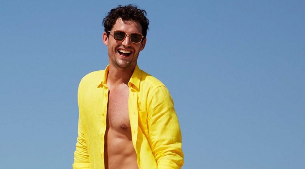 All smiles, Sam Webb dons a yellow linen Vilebrequin shirt $250 with Bateaux Sur L'eau swim trunks $260.