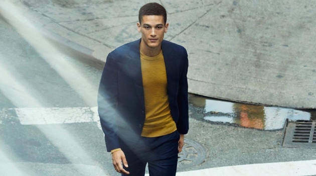 Marco Pickett dons a sleek suiting look from Banana Republic.