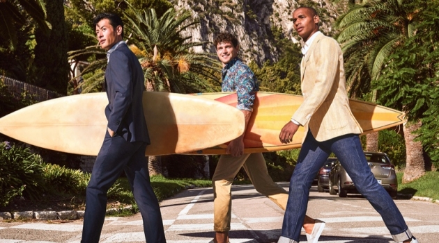 Grabbing their boards, Yusuke Ogasawara, Giacomo Cavalli, and Sacha M'Baye appear in Atelier Munro's spring-summer 2020 campaign.