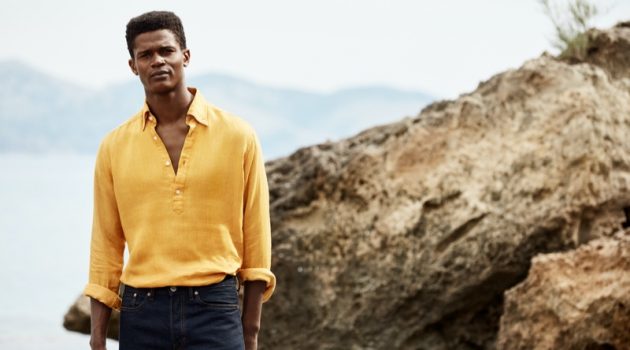 O'Shea Robertson sports a linen popover shirt from Eton's spring-summer 2020 collection.