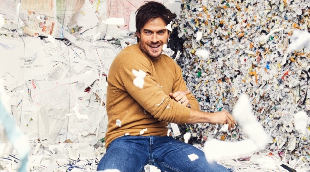 Connecting with Men's Health, Ian Somerhalder rocks a Jungmaven sweatshirt, Wrangler jeans, and Timberland boots.