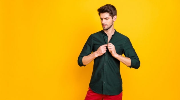 Male Model Green Button Down Shirt Red Pants