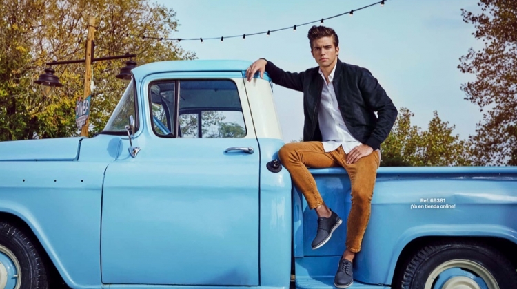 Posing with a vintage pickup truck, River Viiperi appears in Refresh Shoes' spring-summer 2020 campaign.