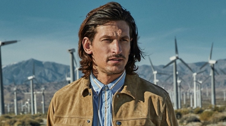 Pictured in the desert, Jarrod Scott wears a Todd Snyder Italian suede snap Dylan jacket.