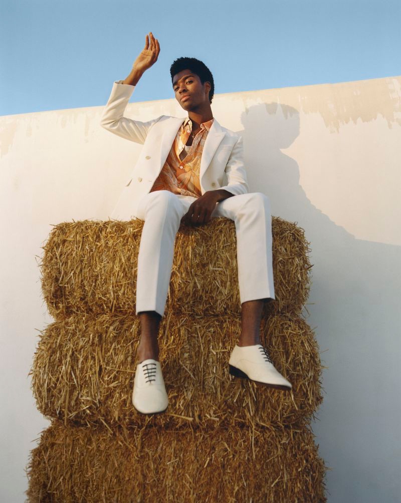 Alton Mason sports a spring look from Saint Laurent for Nordstrom.