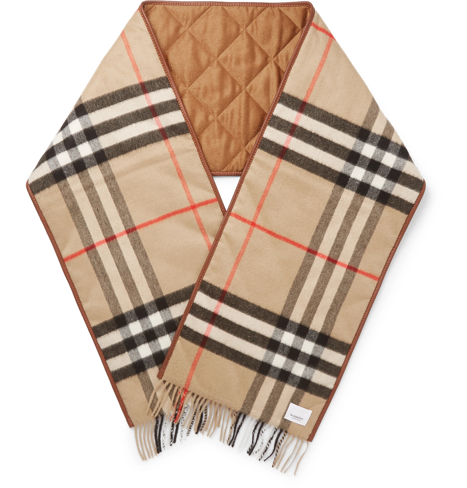 Burberry - Reversible Leather-Trimmed Quilted Fringed Checked Cashmere ...